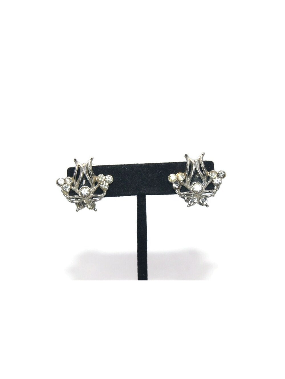 Vintage Silver Tone and Clear Rhinestones Floral Design Clip on Earrings.